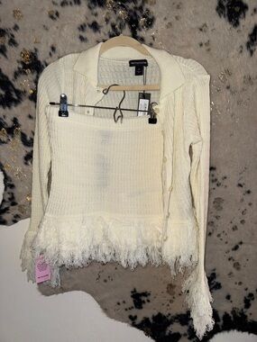 PrettyLittleThing Cream Fringe-Hem Button Cardigan and skirt set